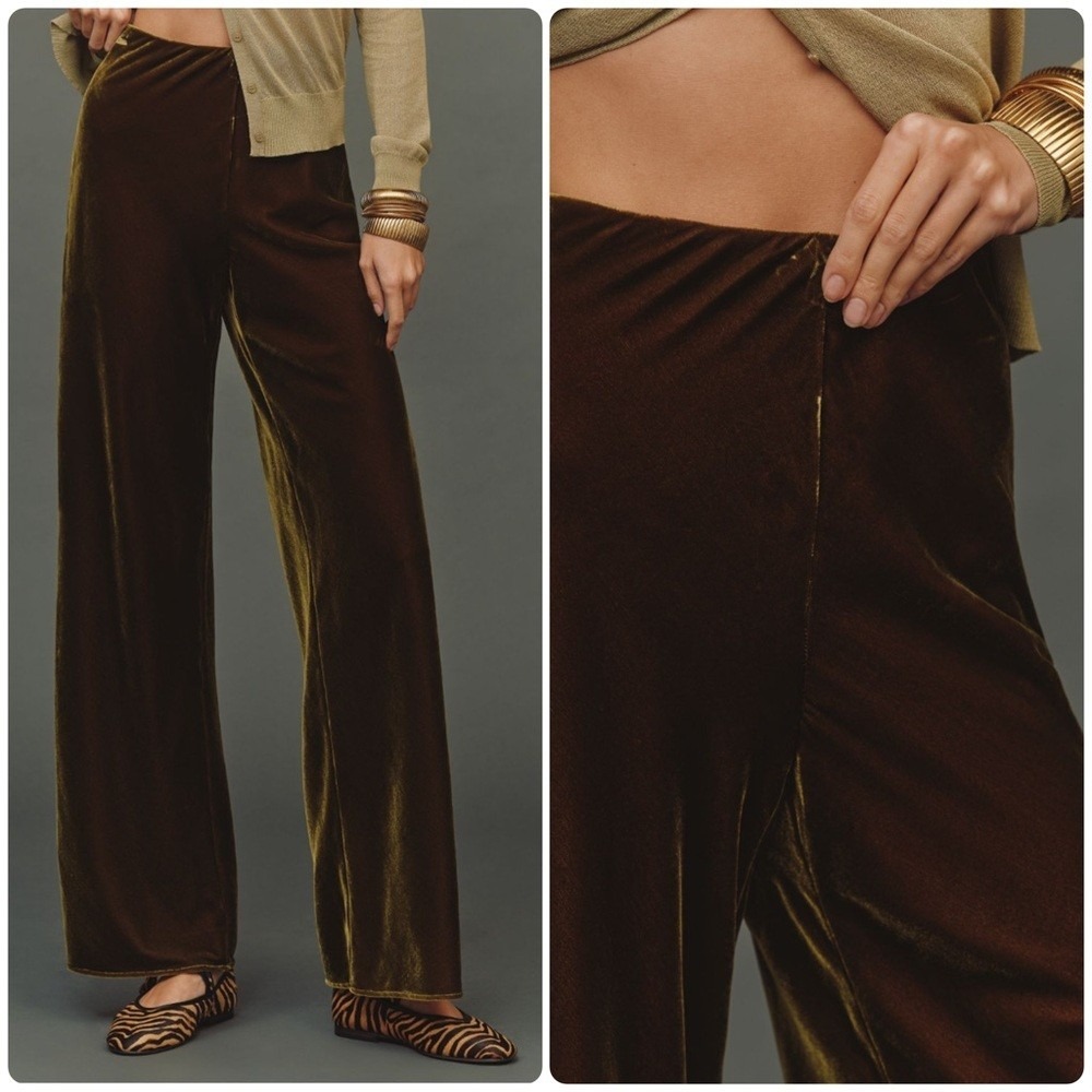 Anthropologie Velvet Pants Womens XL Moss Green Wide Leg Crushed Pull On Tilda - Picture 2 of 11